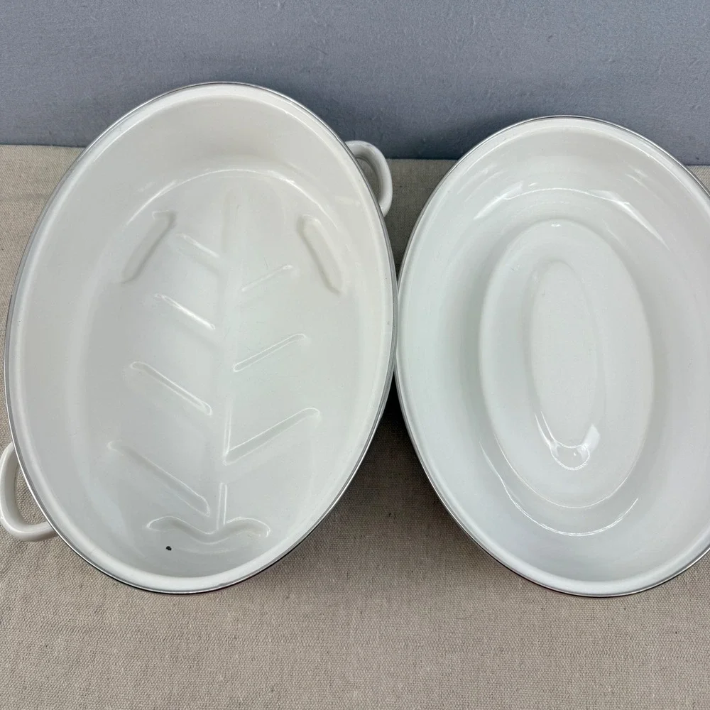 Vintage Floral Enamelware Roaster Pan‎ Tulip Cottagecore Farmhouse White 11